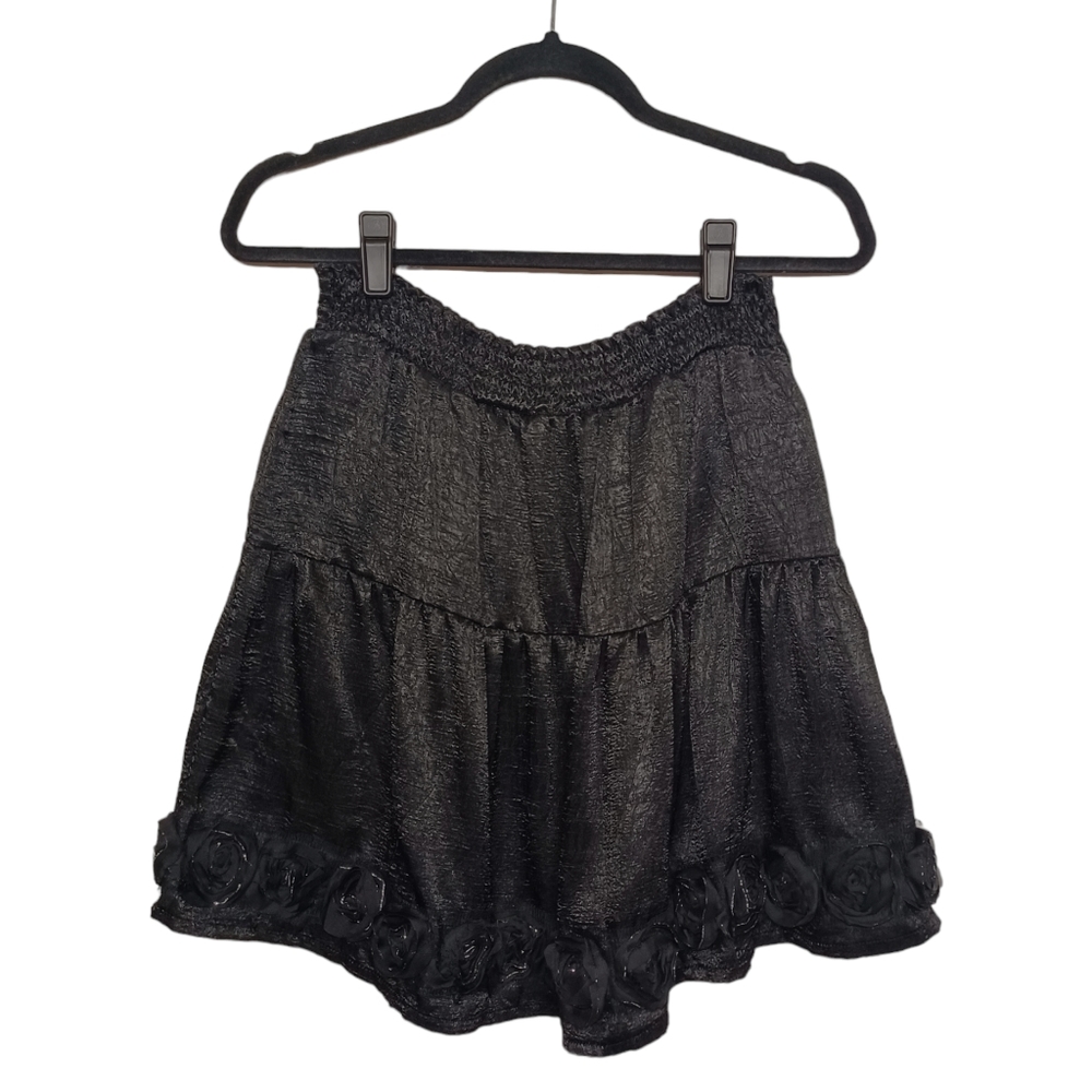 RHAPSODY Tulle Floral Hem Smocked Waist Black Mini Skirt Large